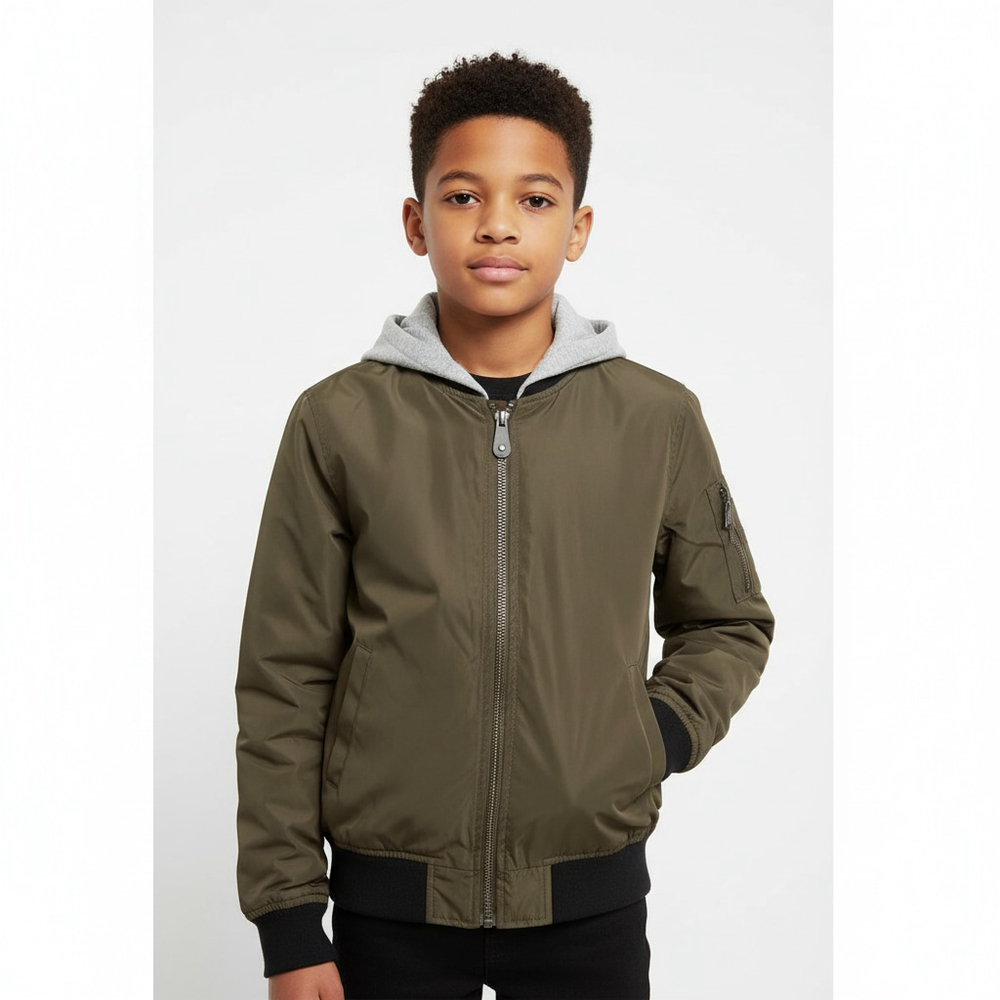 Urban ID Hooded Bomber Jacket Youth Utility Streetwear Sz Small 7/8 Olive Green